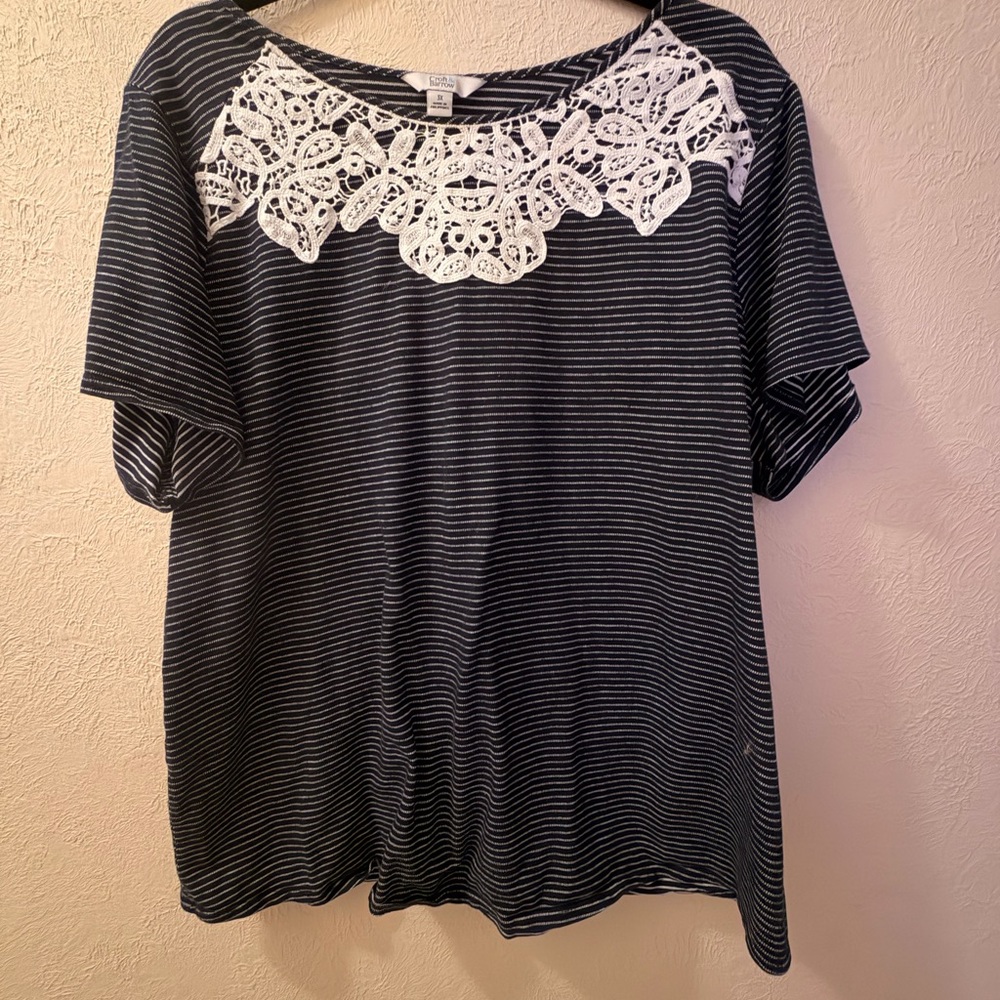 Croft & Barrow Navy and White Striped Blouse with Lace Detail